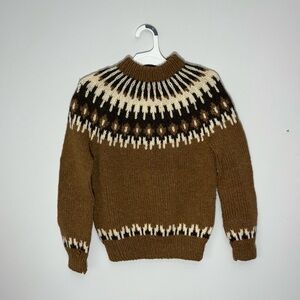 Brown Patterned hand knitted wool sweater; from Ireland